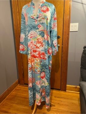 Natori Floral Caftan Maxi Dress Womens XL Kimono Loungewear